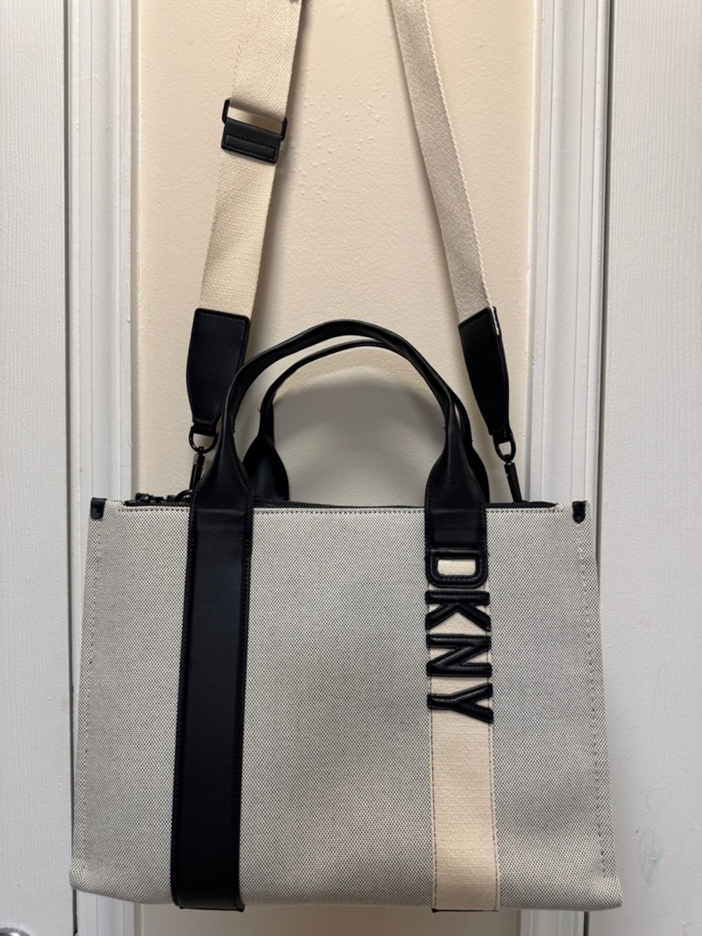DKNY Cream Canvas Tote with Black Leather Trim